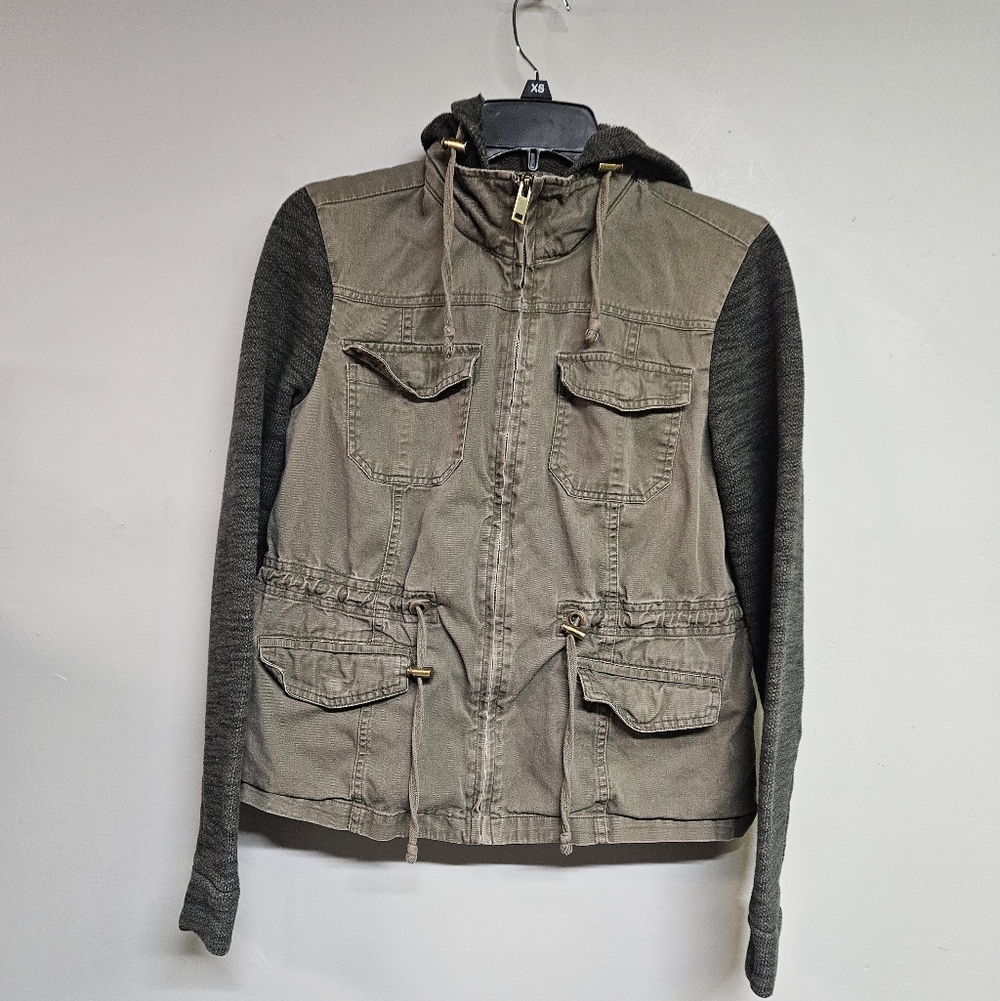 Mudd Utility Military Jacket Women's Medium Gray With Green Knit Sleeves Hooded